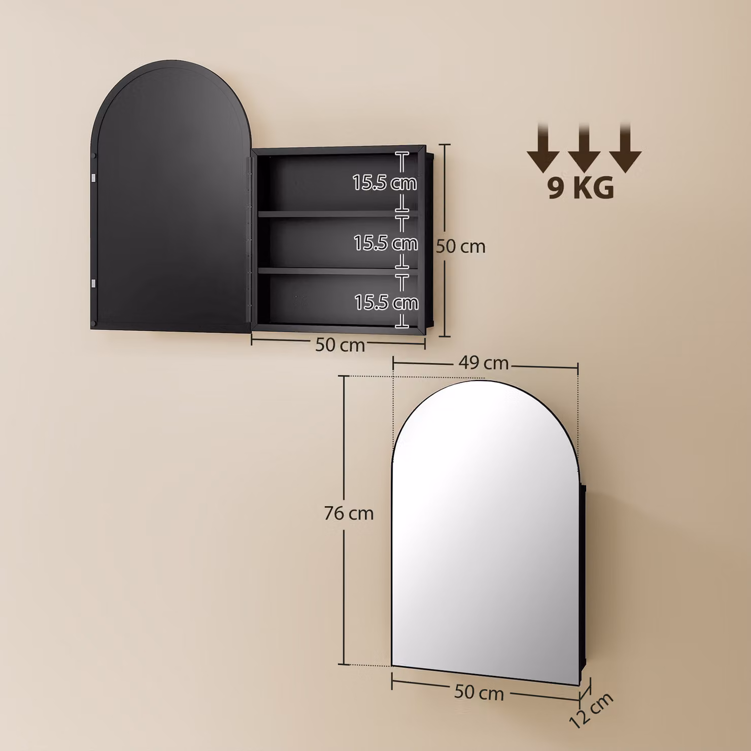 HOMCOM Modern Black Wall Mounted Bathroom Mirror Cabinet with Glass Doors and Internal Shelves – 2