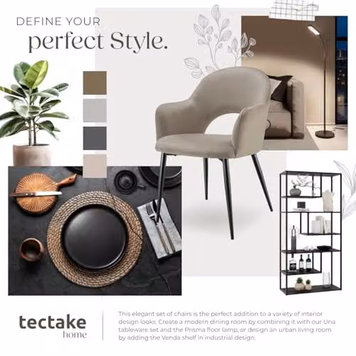 tectake Set of 4 Sasha Dining Chairs in Taupe Velvet Fabric with Metal Legs – 7