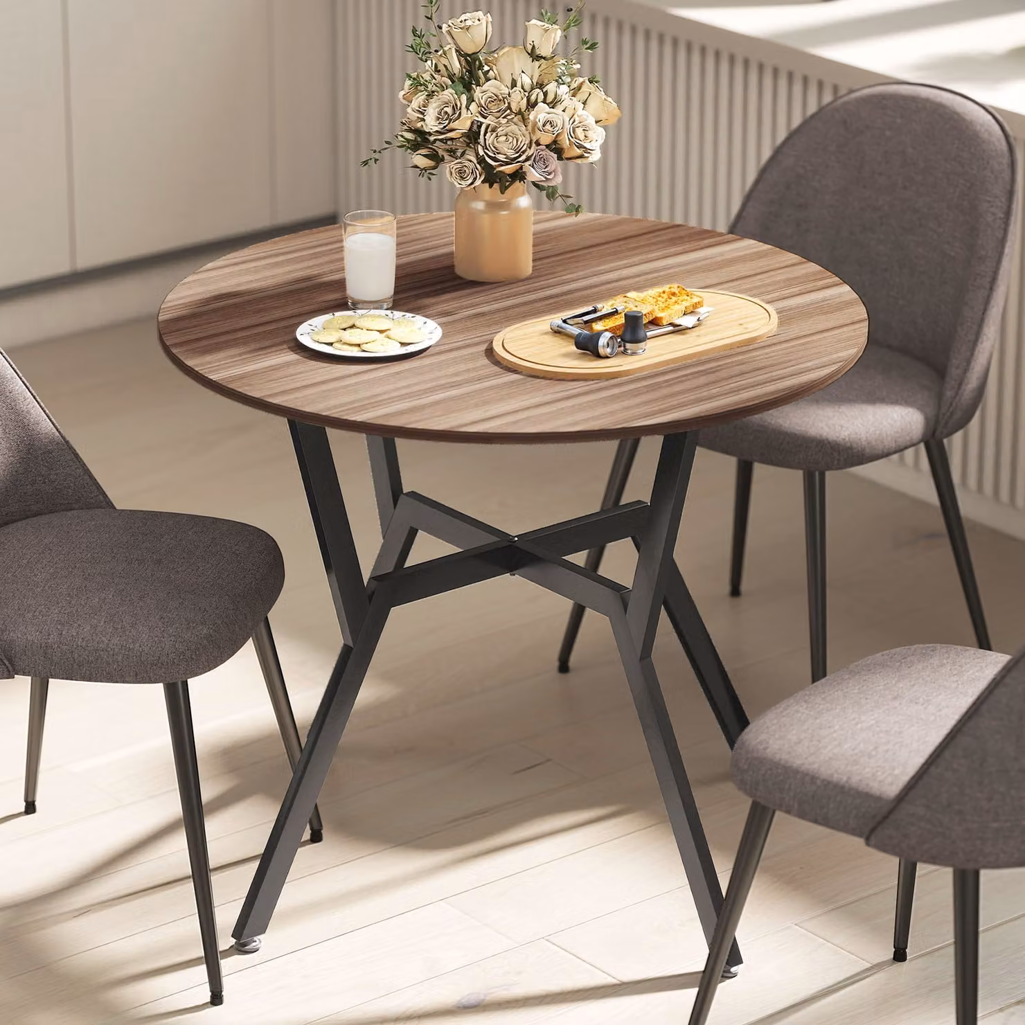 HOMCOM Round Brown Wood Dining Table with Black Metal Legs, W/D/H: 90 x 76 x 76 cm – 8