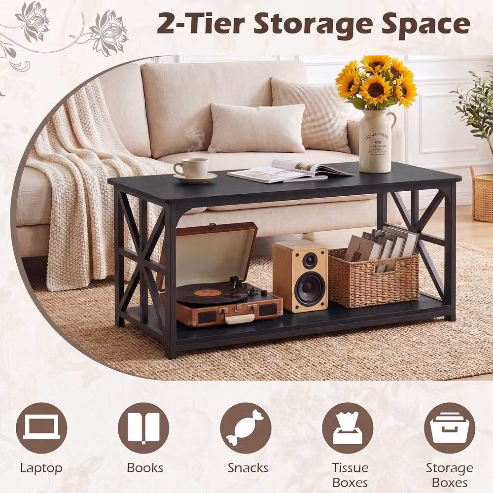 Gymax Industrial Farmhouse Coffee Table with 2-Tier Open Storage Shelf in Black – 7