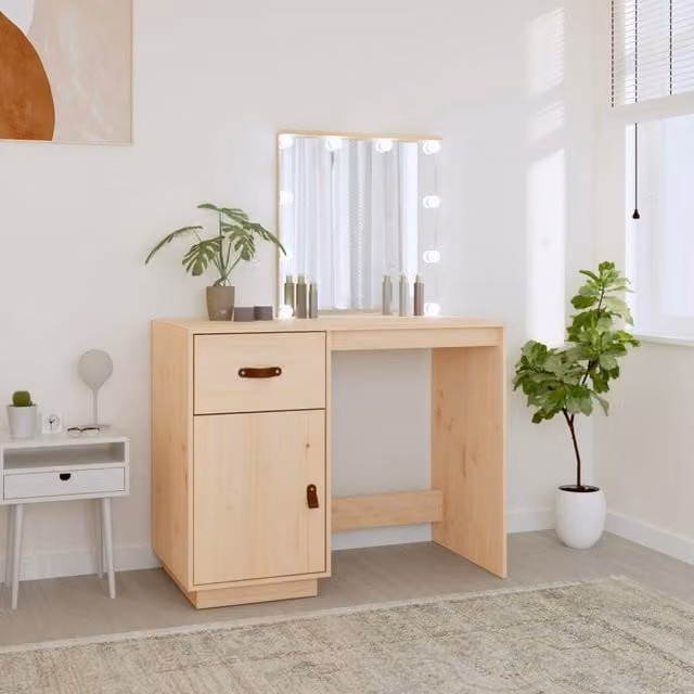 Berkfield Home Rustic Solid Wood Pine Dressing Table with Hollywood LED in Brown, W: 95 cm, D: 50 cm, H: 133.5 cm – 1