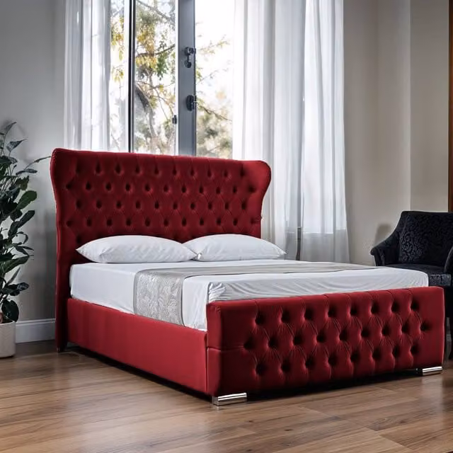 UK Bed Furniture Isabella Ottoman Gas Lift Upholstered Velvet Bed with Wing Headboard in Red, Size: 180 x 200 cm