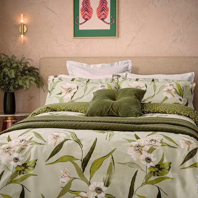 Ted Baker Cabana Reversible Floral Cotton Duvet Cover and Pillowcase Set, Green and White, W: 200 cm, H: 200 cm