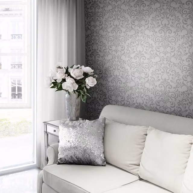 Lipsy London Modern Abstract Damask Vinyl Roll in Silver and Grey
