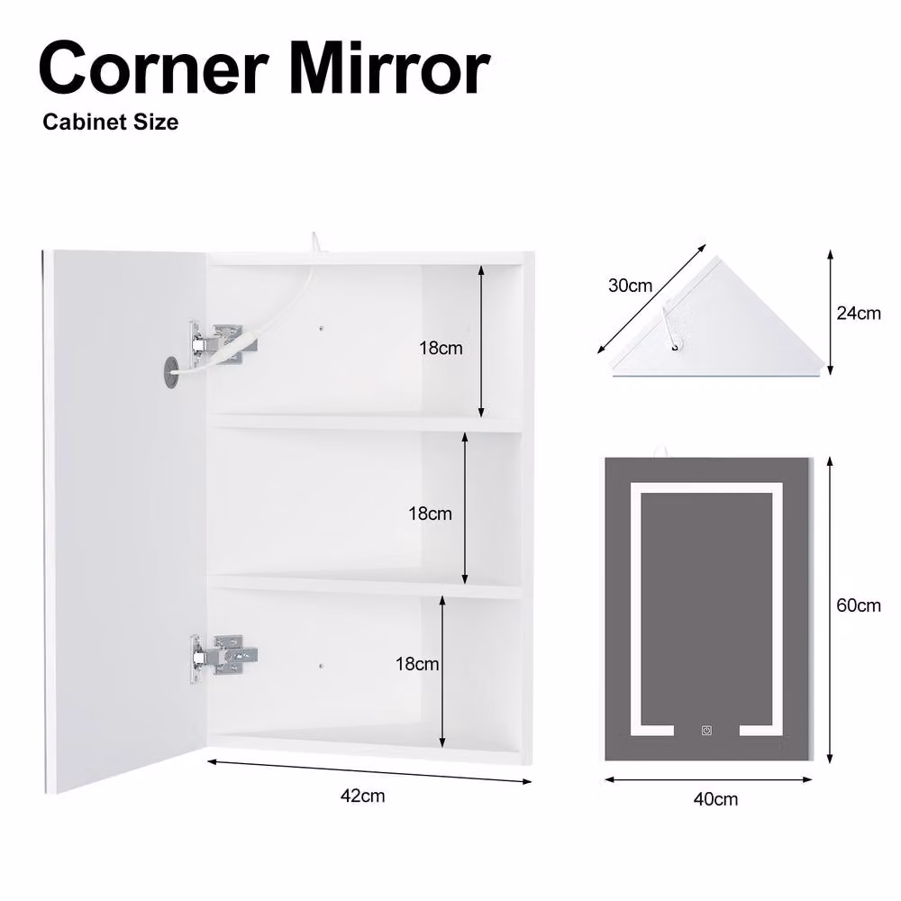 KEEPREAPER LED Corner Bathroom Mirror Cabinet in White, W/H: 40 x 60 cm – 2