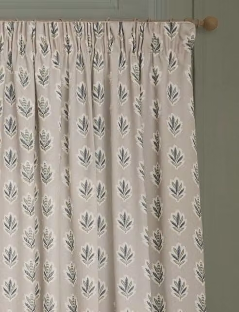 Sanderson Sessile Leaf Pencil Pleat Curtains in Natural Mix Beige and Sand, H: 218 cm x W: 183 cm