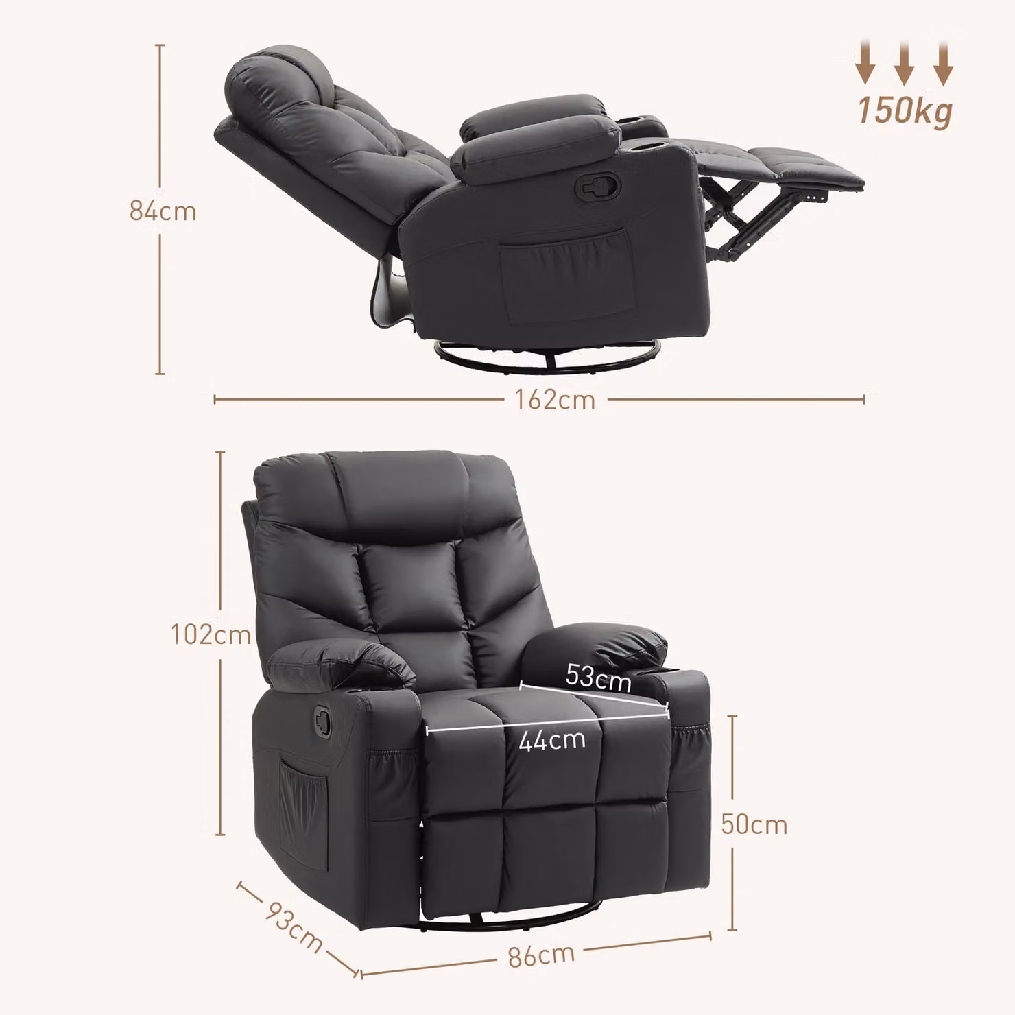 HOMCOM Manual Recliner Chair with Footrest, Cup Holder and Swivel Base in Black Synthetic Leather – 2