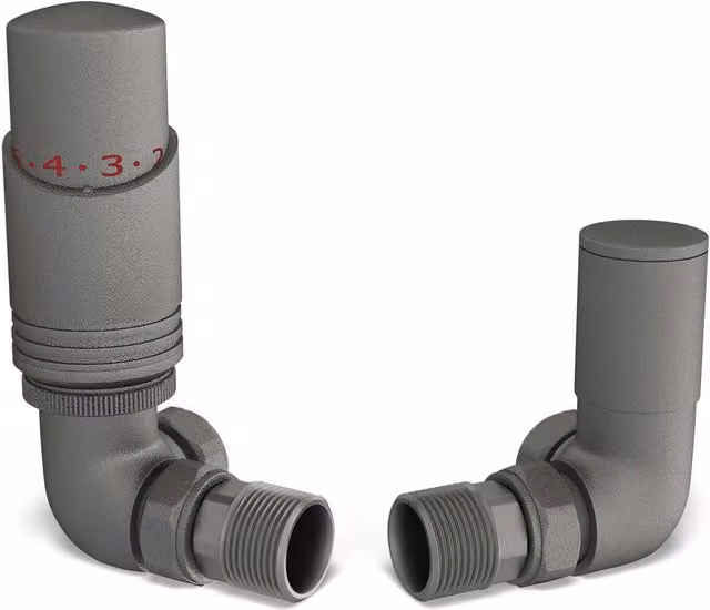 UK Radiators Talus Bold Thermostatic Radiator Valve and Lockshield Angled Set in Natural Pewter, W/D/H: 7.6 x 12.3 x 7.6 cm