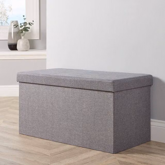 Home Source Large Folding Ottoman in Grey Linen Fabric with Removable Lid – 1