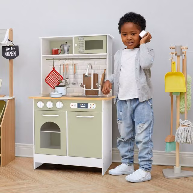 Teamson Kids Little Chef Boston Modern Wooden Kitchen Playset, White and Green