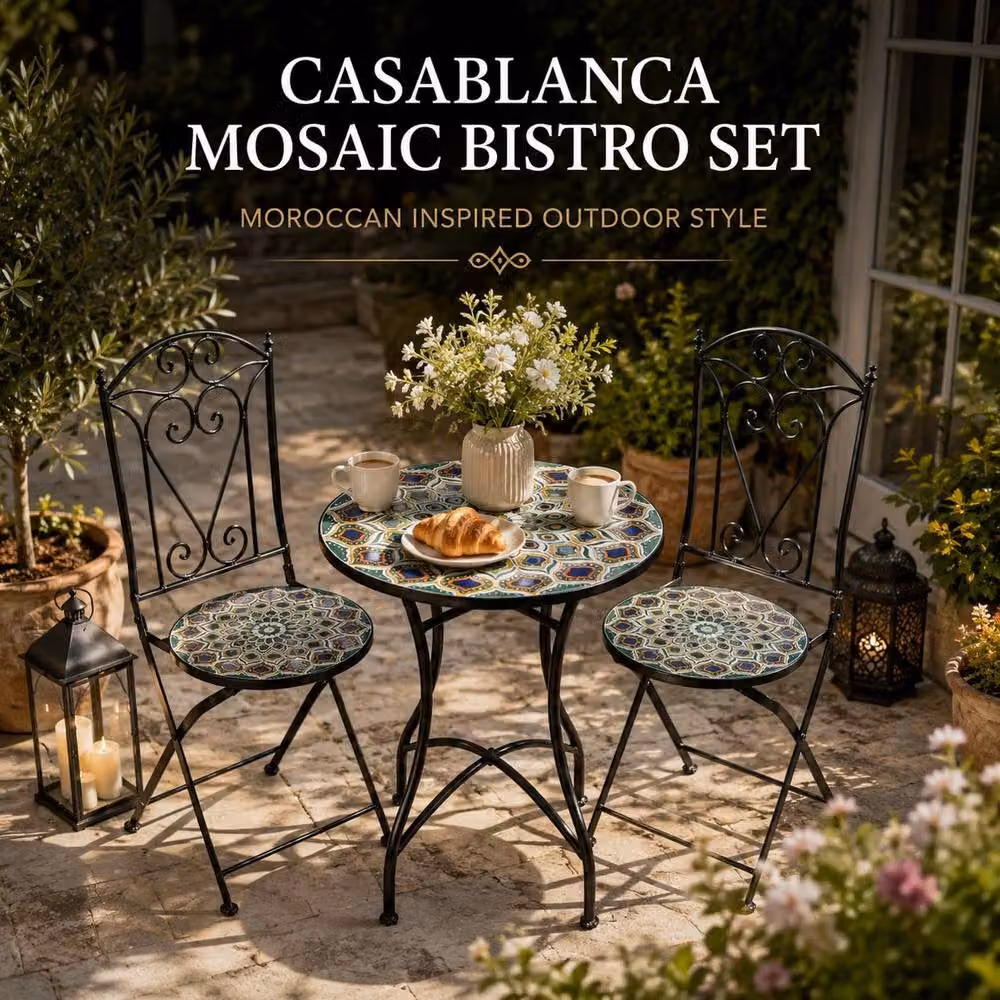 Shatchi Mosaic Bistro Set with Round Multicolour Ceramic Table and Two Folding Chairs – 3