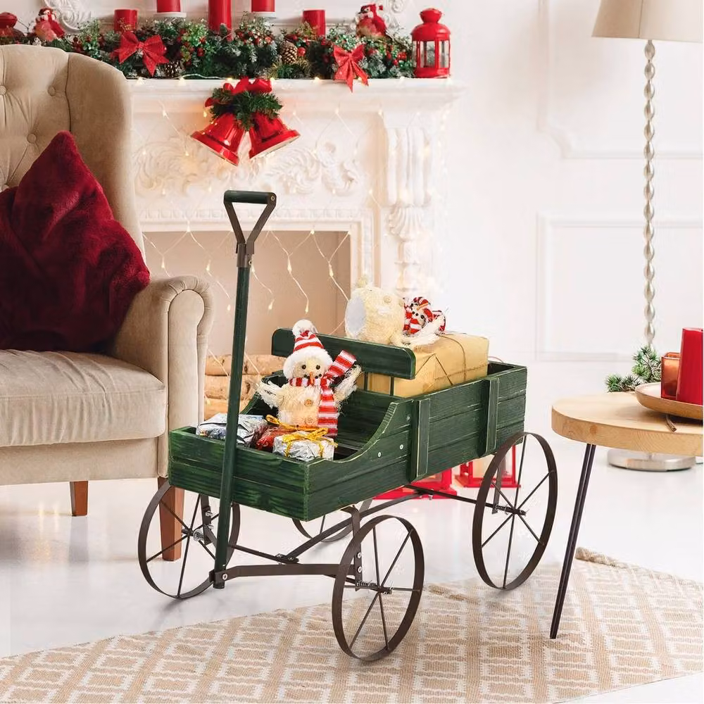 NESTLUNE Wooden Garden Flower Planter Wagon with Wheels in Green, W/D/H: 62.0 x 51.0 x 30.0 cm – 5