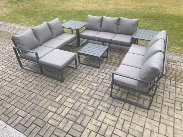 Fimous 10 Seater Aluminium Outdoor Garden Furniture Set in Dark Grey with U-Shape Sofa, Coffee Table, Side Tables and Ottoman
