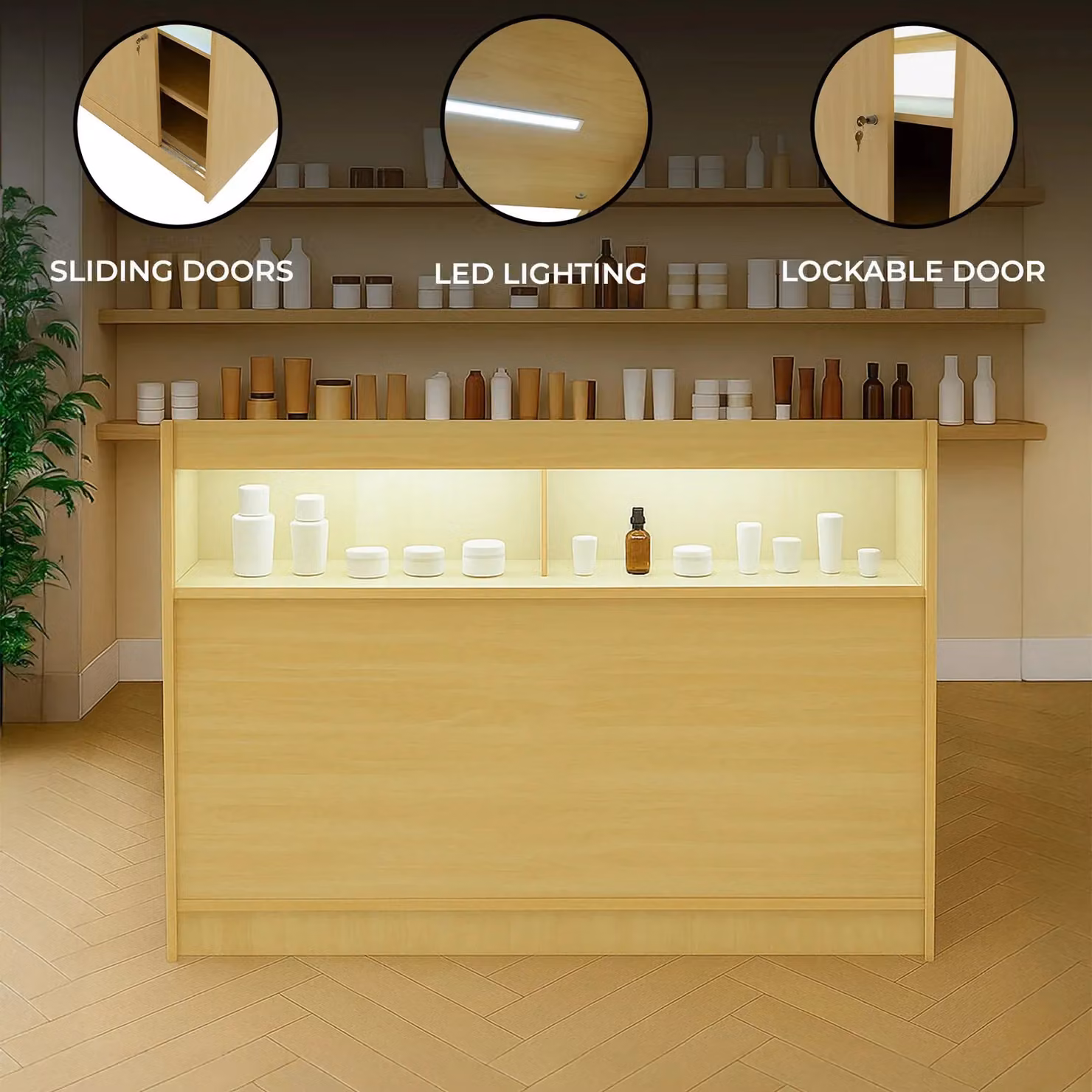 Monstershop B1200 LED Retail Shop Counter in Maple and Beige with Glass Sliding Doors and Integrated Lighting – 2
