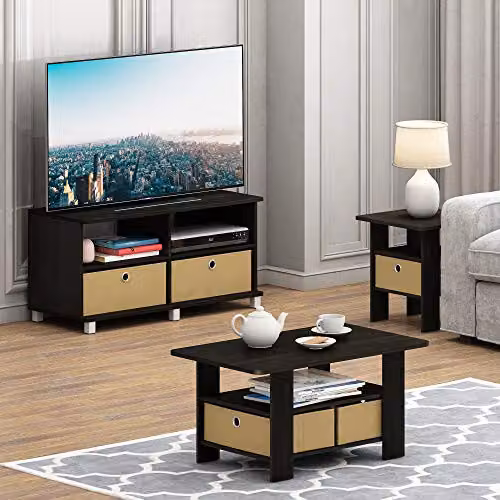 Furinno Andrey Set of 2 Espresso Side Tables with Open Shelves and Storage Bin – 3