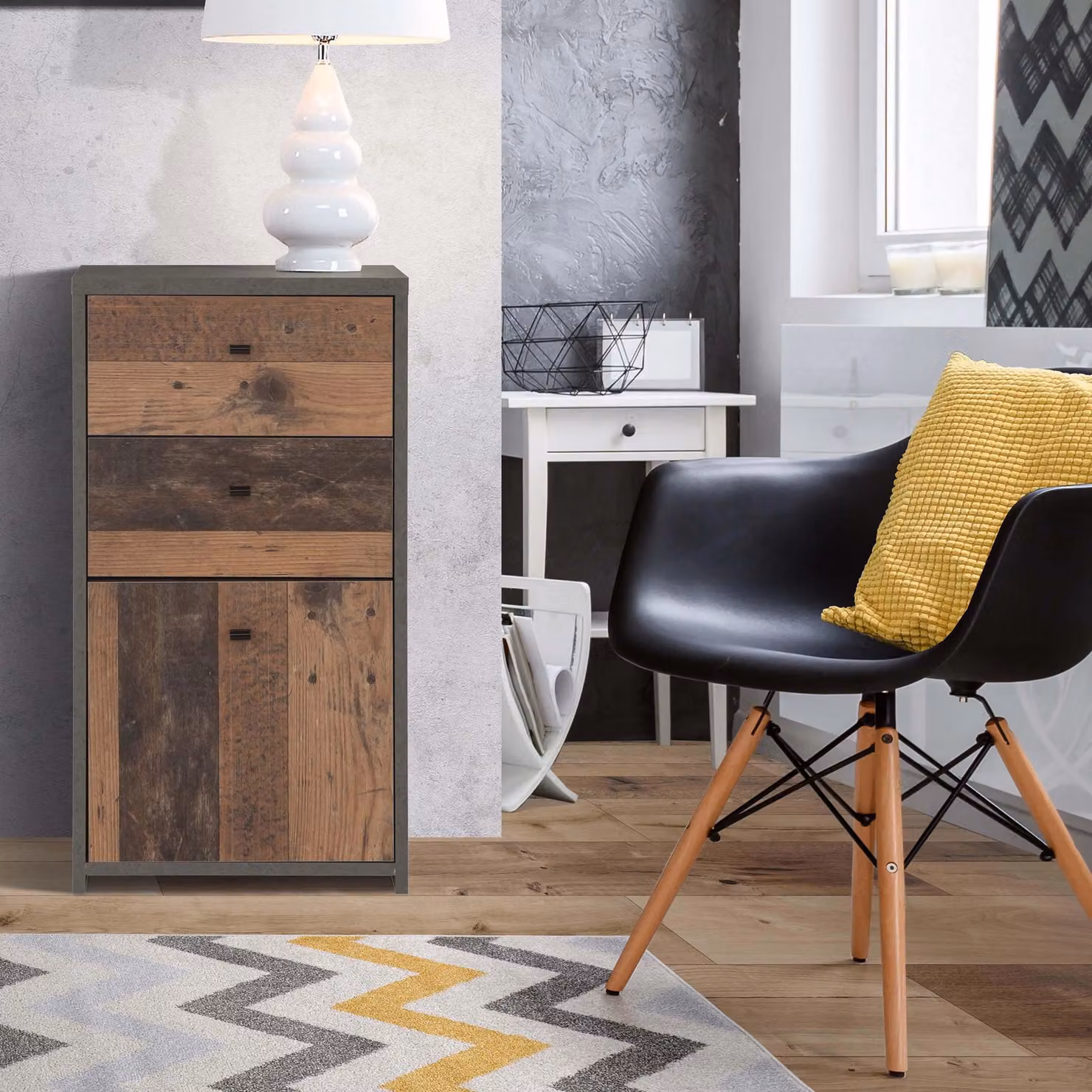 Furniture To Go Industrial Style Storage Cabinet with 2 Drawers and 1 Door in Grey and Brown Wood – 4