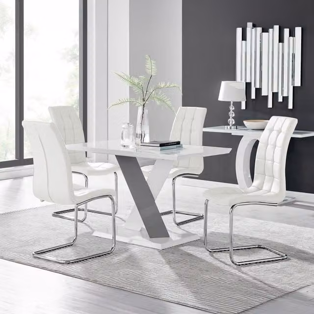 Furniturebox Monza White High Gloss Rectangular Dining Table and 4 Murano Chairs in White and Grey
