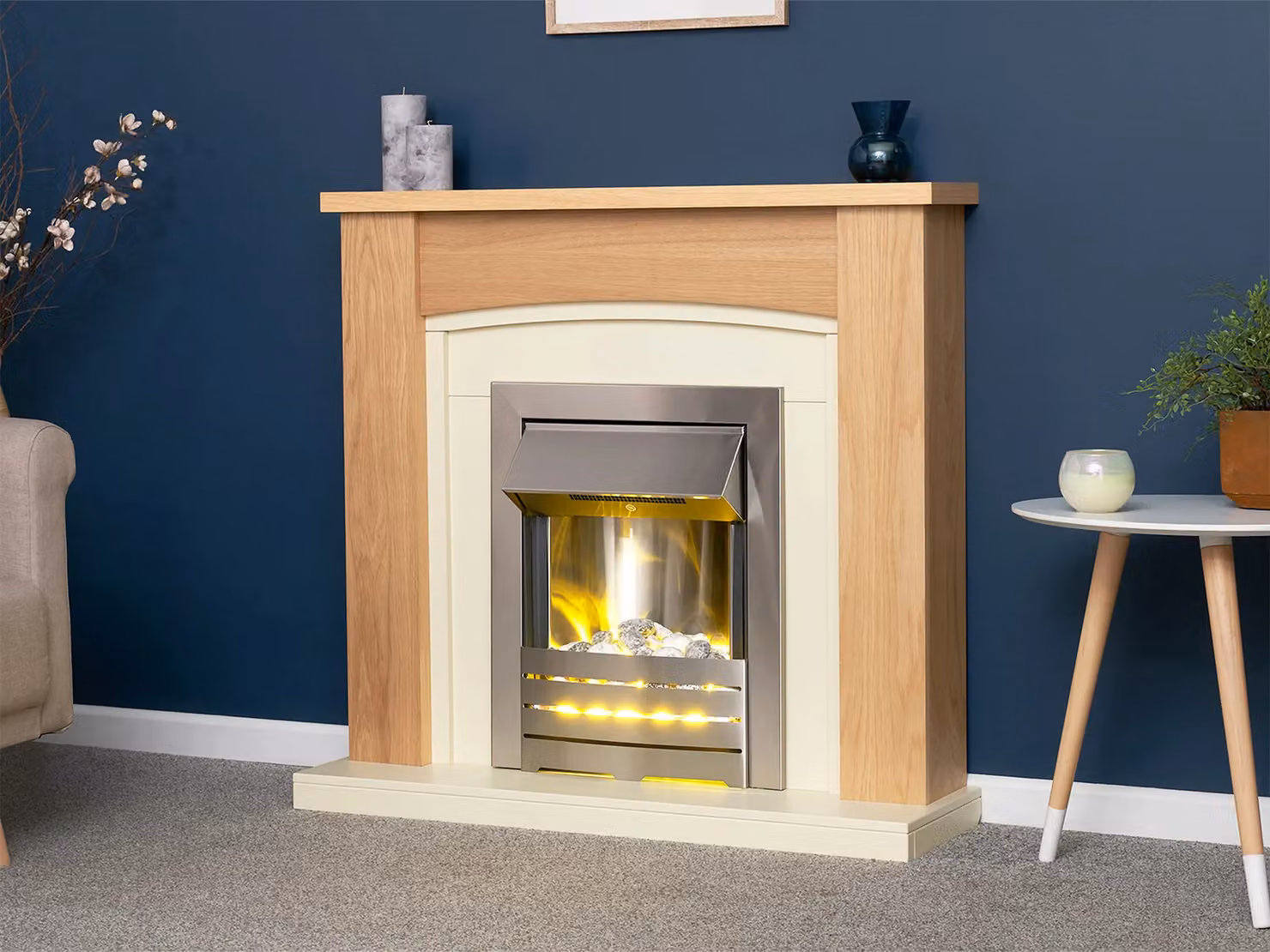 Adam Fires & Fireplaces Chilton Fireplace in Oak and Cream with Helios Electric Fire in Brushed Steel, 39 Inch, Grey – 2