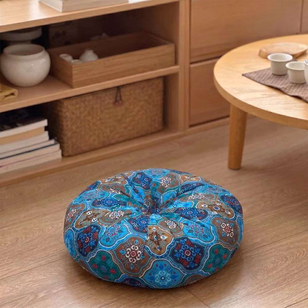 PAWNORA Blue Round Floor Cushion, Diameter: 50 cm, Height: 8 cm – 4