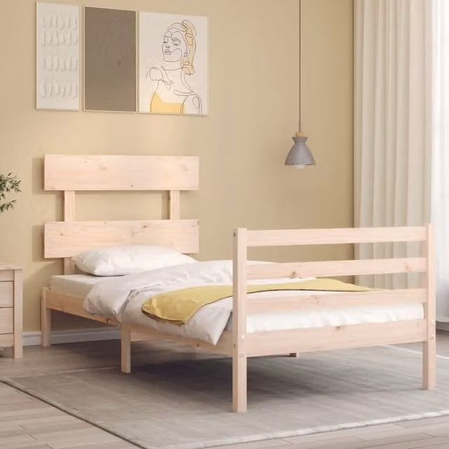 Berkfield Home Solid Wood Bed Frame with Headboard in Brown and Beige, W/D/H: 90 x 200 cm