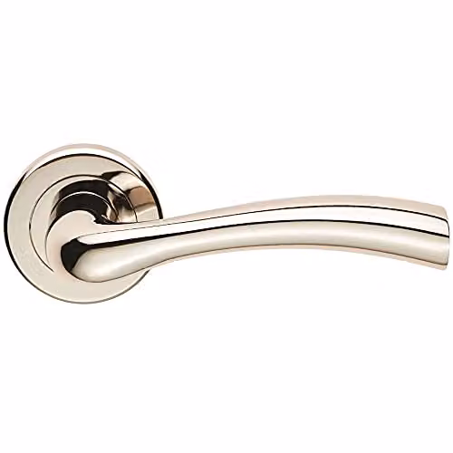 Loops Pair of Curved Flared Door Handles with Concealed Fix Round Rose in Polished Nickel