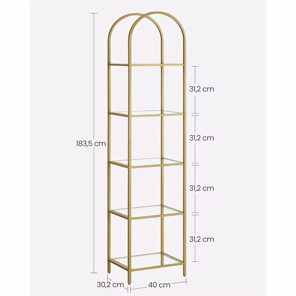 The Bazaarist Compact 5-Tier Arched Glass Shelving Unit with Gold Metal Frame – 2