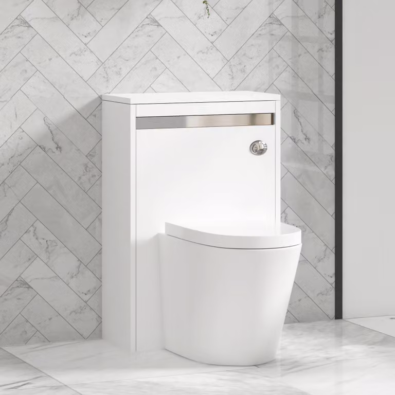 Royal Bathrooms Orion 540mm Matt White Wall Mounted WC Unit with Cesar Rimless Ceramic Toilet Pan, Soft Close Seat and Cistern with Chrome Accent Trim