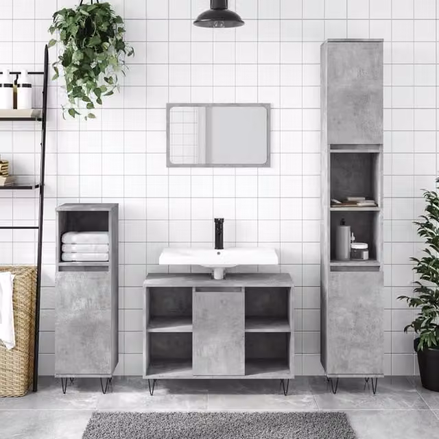 Berkfield Home Concrete Grey Bathroom Cabinet with Hinged Doors and Open Shelf, W/D/H: 30 x 30 x 100 cm – 1