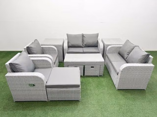 Fimous 9 Seater Rattan Garden Furniture Set in Light Grey with Oblong Coffee Table, 3 Stools and 2 Side Tables