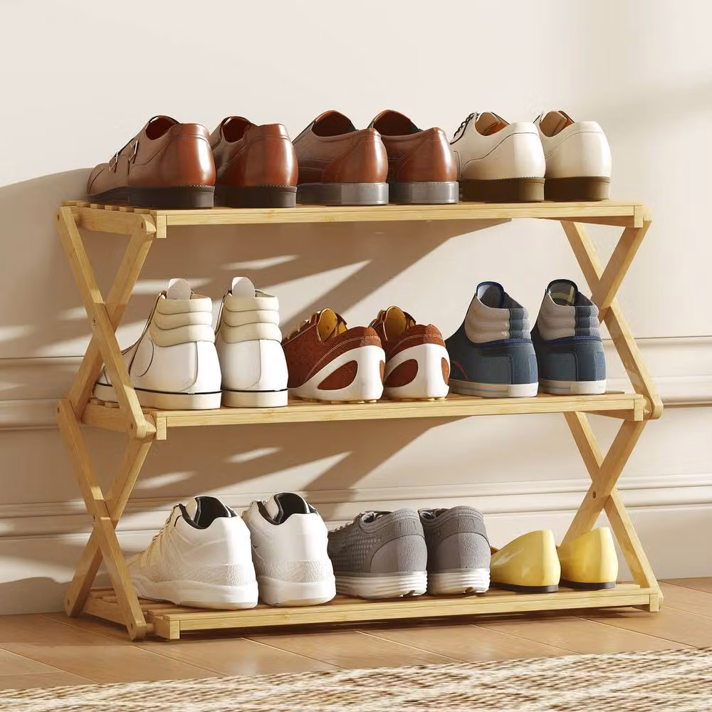 STILVORA Three-Tier Folding Bamboo Shoe Rack in Beige – 4