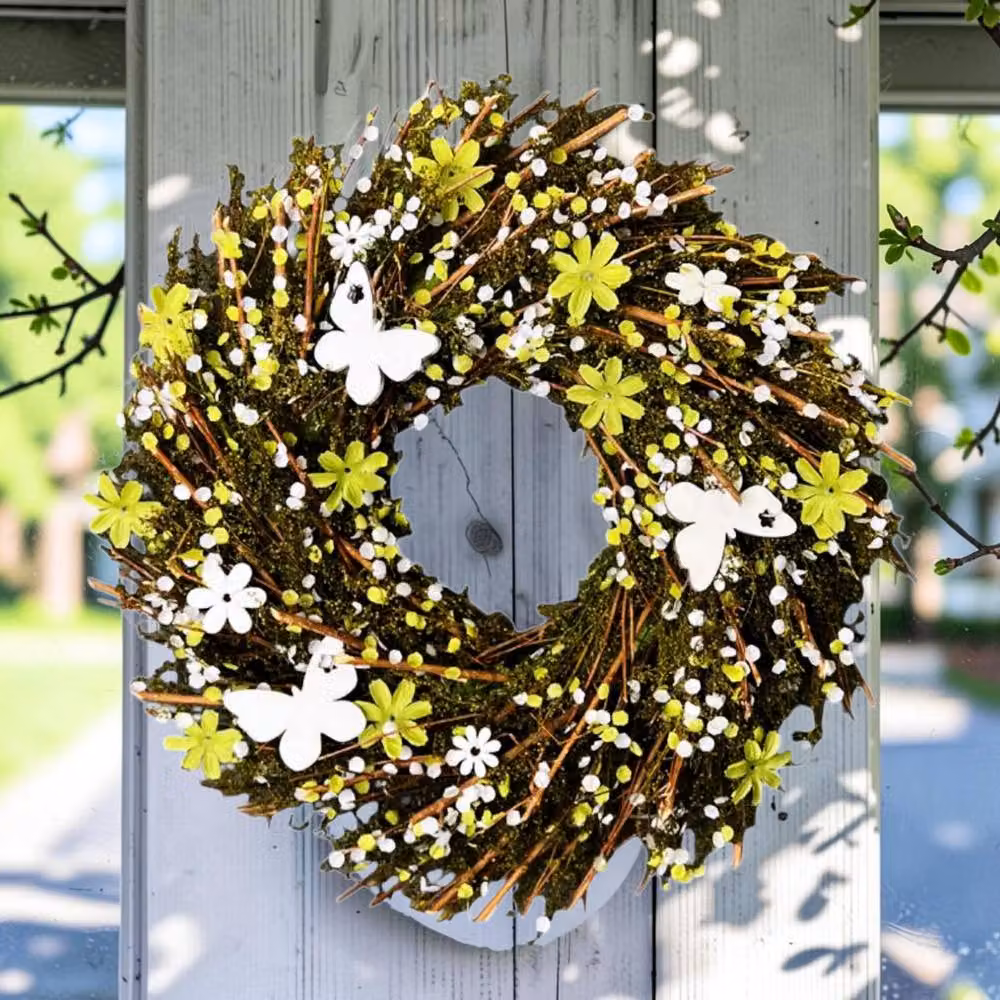 Four Candle Twig Flower and Butterfly Decorative Wreath, Multicolour, Diameter: 36 cm – 2