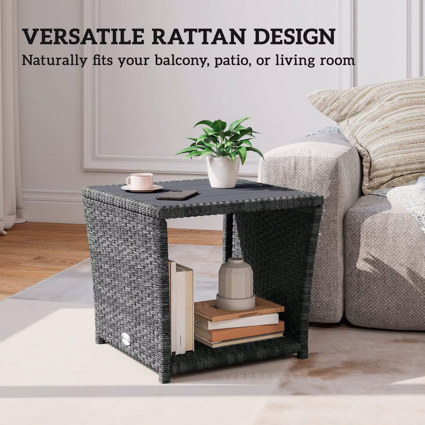 Outsunny 2-Tier Outdoor Coffee Side Table with Storage Shelf, Grey PS Wood Slat Top – 7