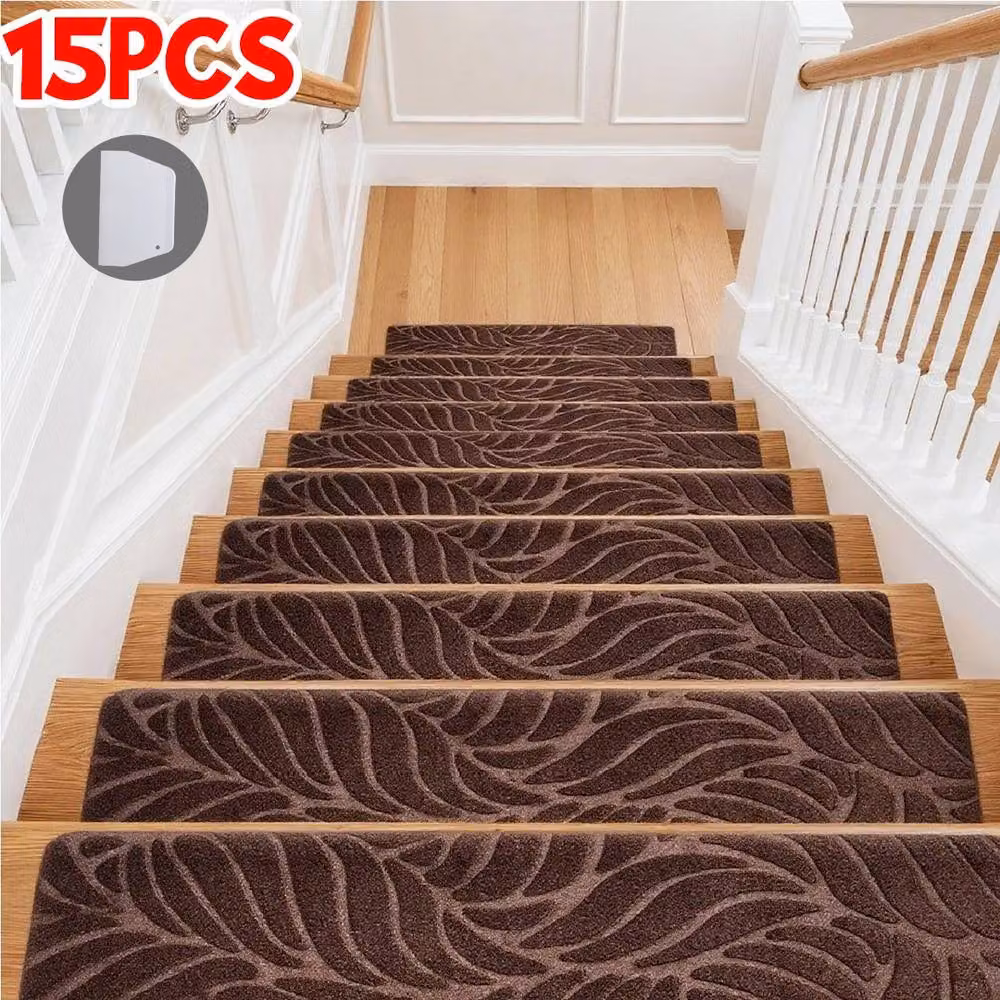 SPETLEK 15 Pcs Non-Slip Brown Stair Pads with Sound Dampening Polyester and Rubber Backing – 3