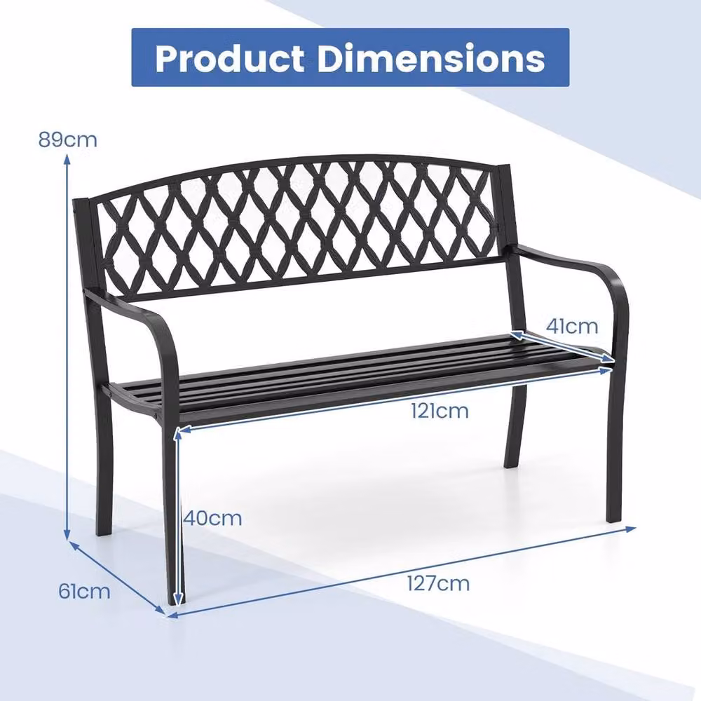 NESTLUNE 2-Seater Classic Metal Garden Bench in Black, W: 121 cm, D: 15 cm – 2
