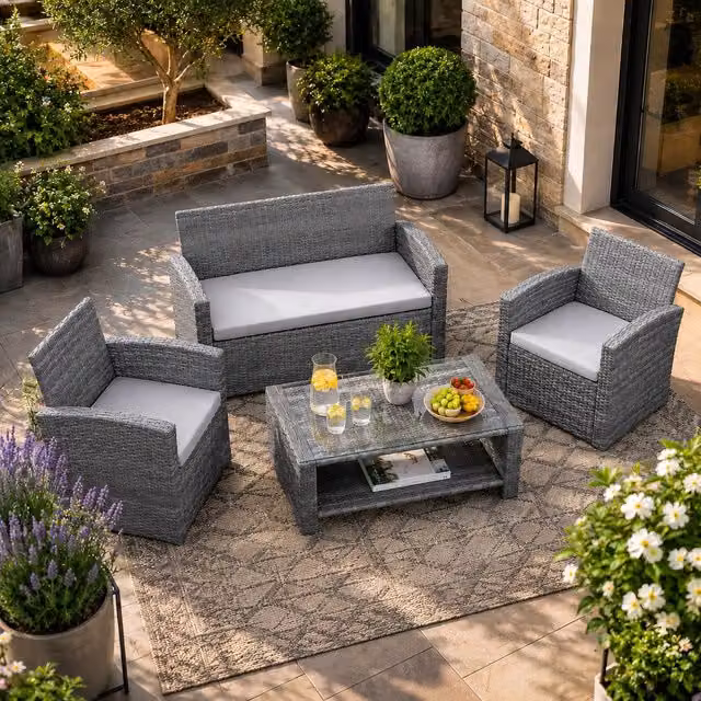 Shatchi 4 Seater Rattan Garden Furniture Set in Grey with 2 Armchairs, 2 Seater Sofa and Coffee Table
