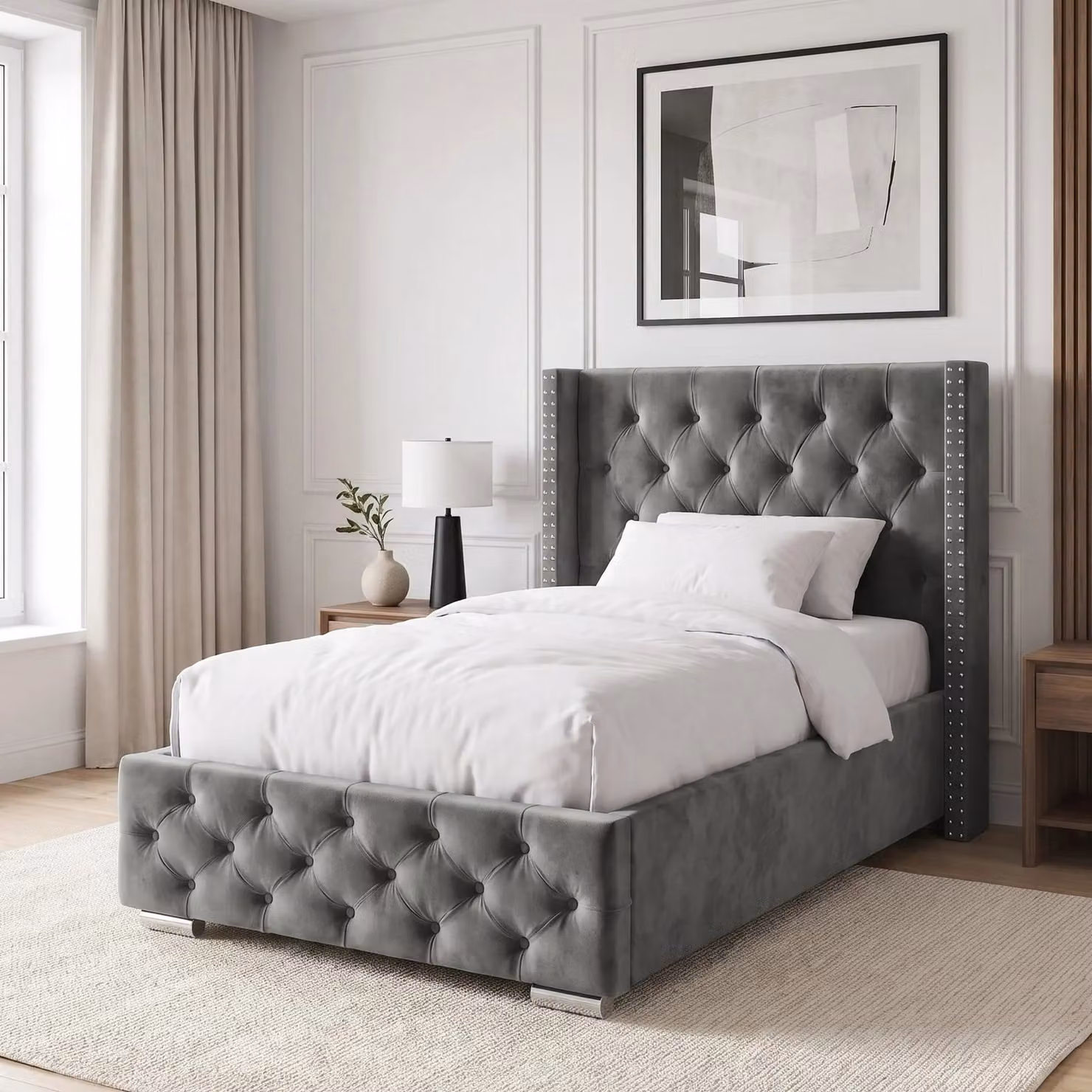 DHS Cross Pattern Velvet Ottoman Storage Bed with Winged Headboard in Grey, Single (90 x 190 cm)