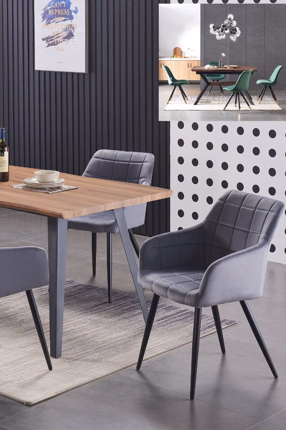 Life Interiors Camden Modern Velvet Dining Chair with Armrests and Black Metal Legs in Dark Grey – 7