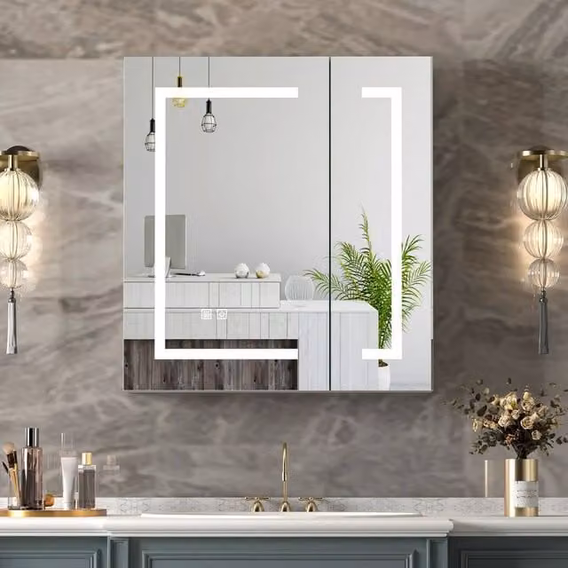 KEEPREAPER White Modern Bathroom Mirror Cabinet with LED Lighting and Anti-Fog Defogger, W: 60 cm, H: 65 cm