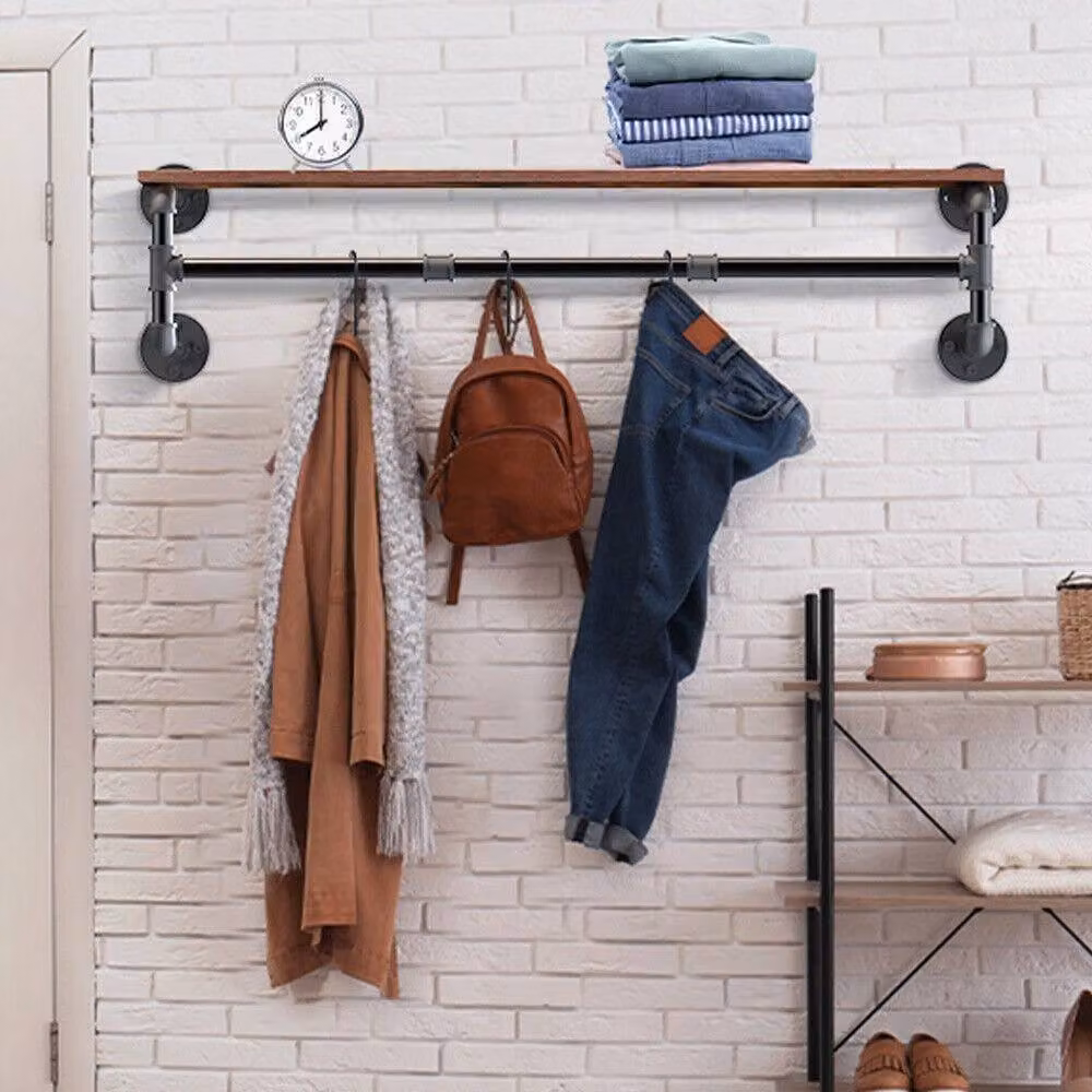 NESTLUNE Industrial Metal Wall Mounted Clothing Rack in Brown and Black, W: 100 cm, D: 15 cm – 4