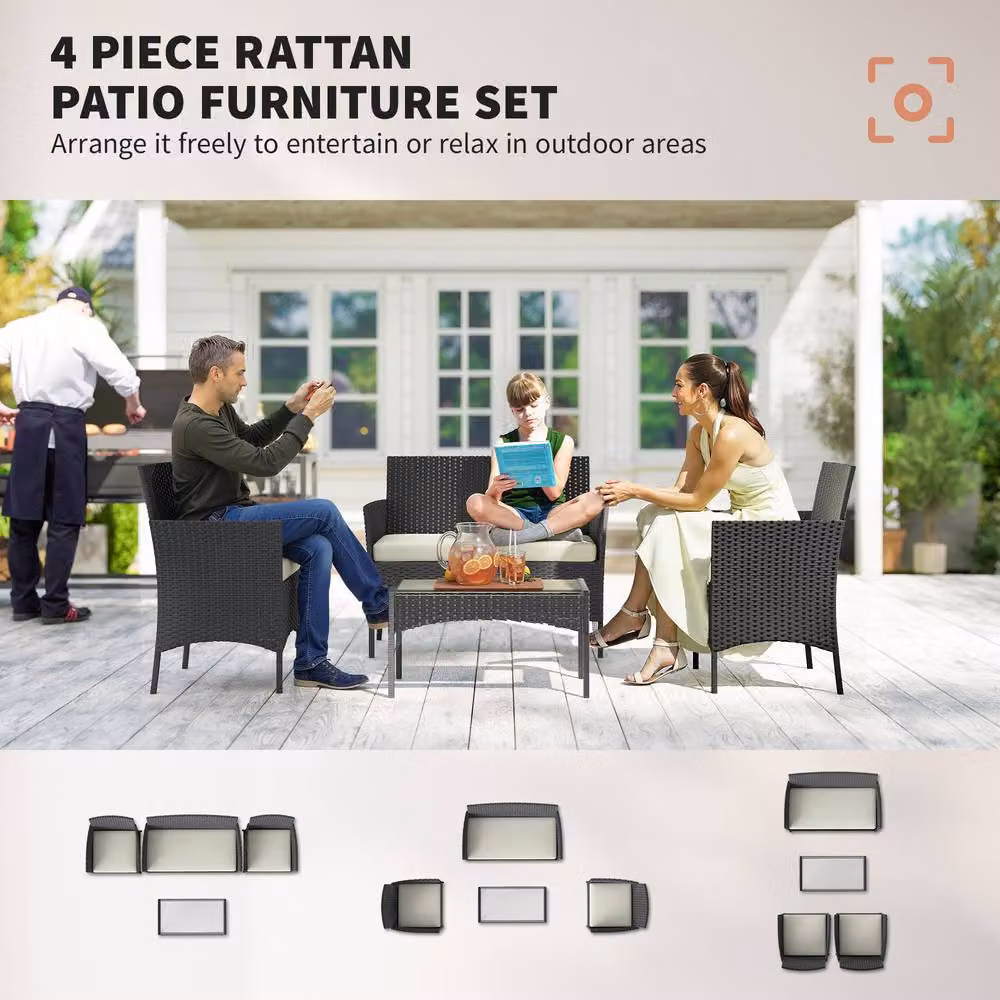OUTSUNNY 4 Piece Polyrattan Garden Furniture Set with Cushions in Beige and White – 4