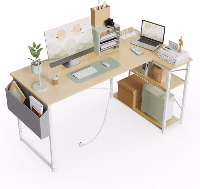 BEXEVUE L-Shaped Corner Computer Gaming Desk with Power Outlets in Light Brown, W/D: 120 x 70 cm