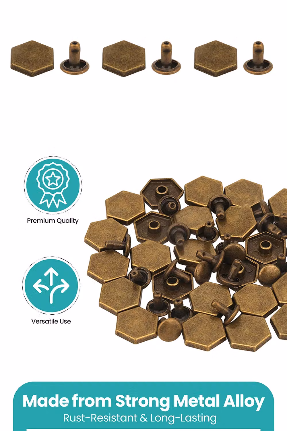 Neel Blue Bronze 14mm Hexagonal Feet Caps with 7mm Rivet Studs, 25 Pieces – 3