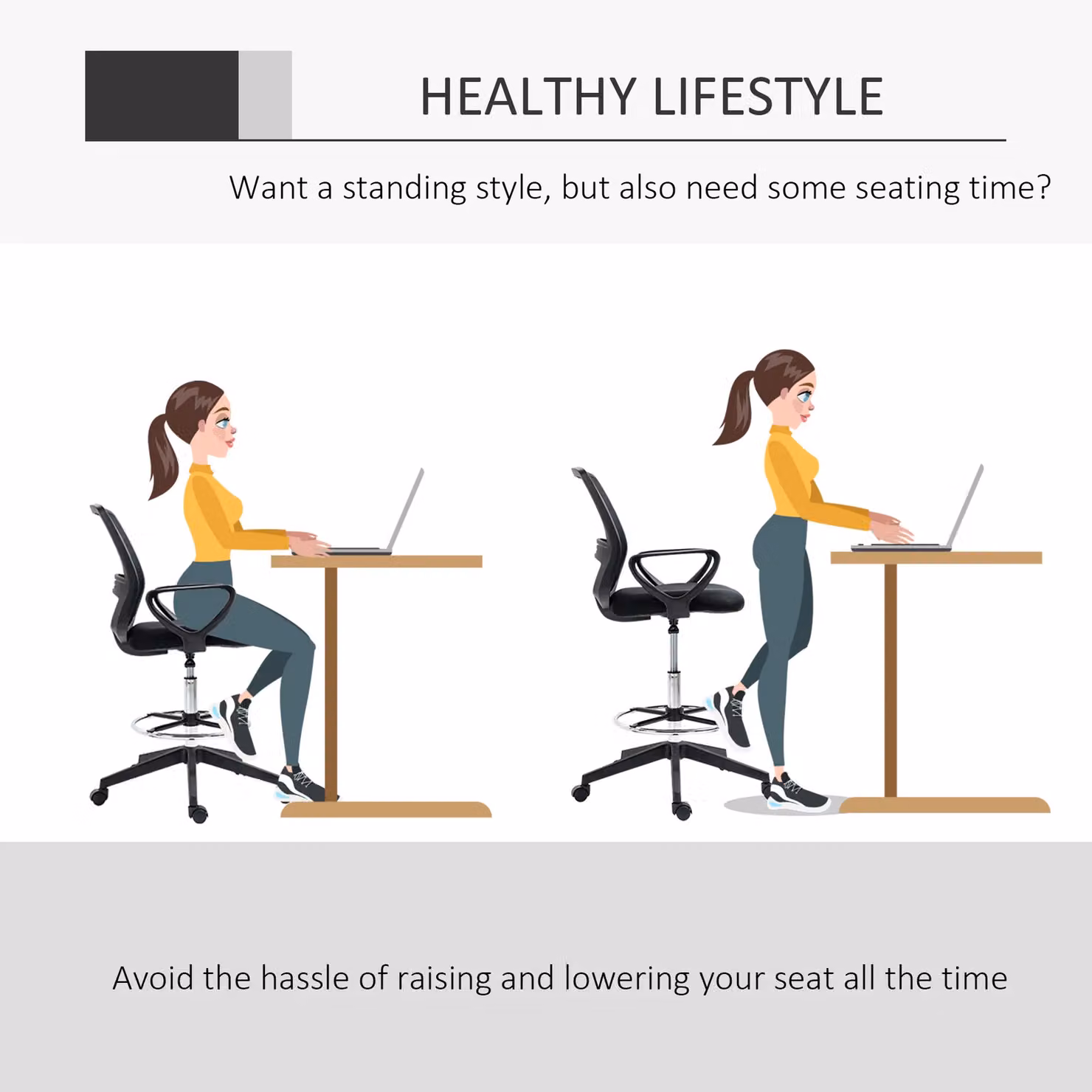 VINSETTO Black Fabric Draughtsman Office Chair with Metal Foot Ring and Adjustable Height – 3