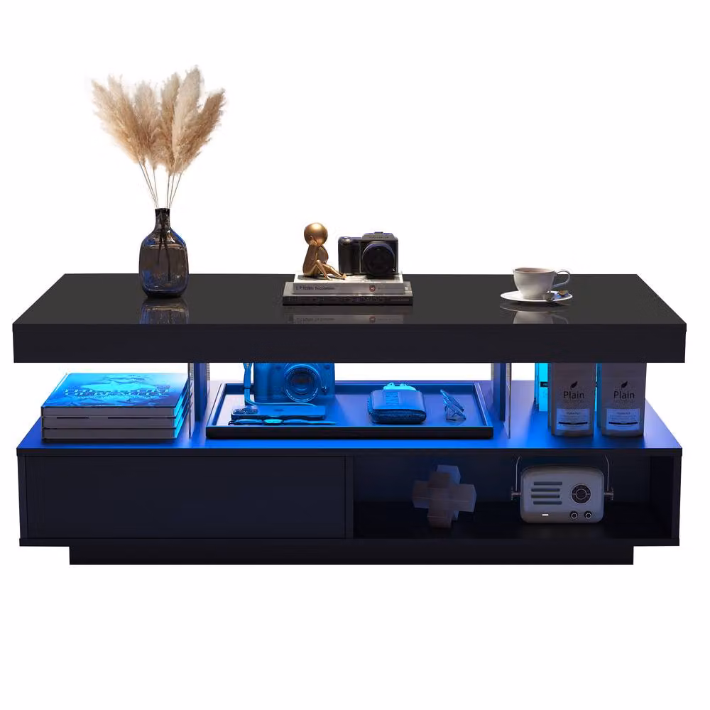 ModernLuxe High Gloss Rectangular Coffee Table with LED Lights and Drawer in Black – 2