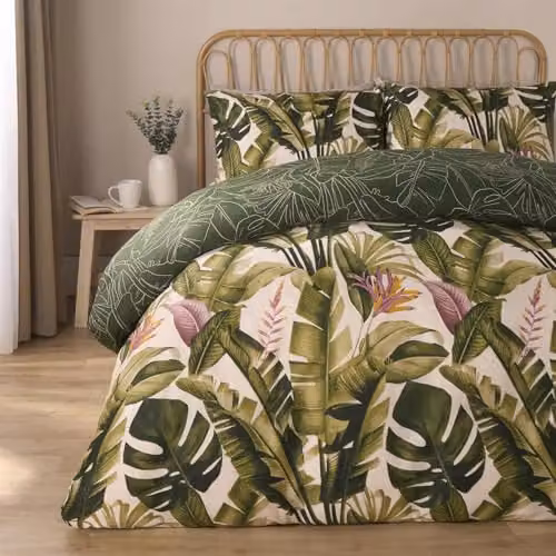 OHS Green Tropical Foliage Reversible Double Duvet Cover Set with Matching Pillowcases, Microfibre Polyester Bedding – 1