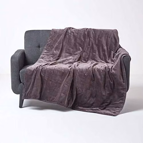 HOMESCAPES Dark Grey Velvet Throw with Handwoven Embroidered Dots and Quilting, W: 150 cm, L: 200 cm – 1