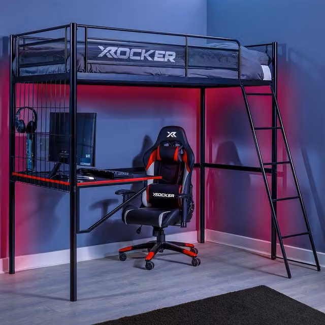 X Rocker Icarus XL High Sleeper Bunk Bed with Gaming Desk and Mattress in Black, Size: Single (W: 90 cm, D: 200 cm, H: 182.9 cm)