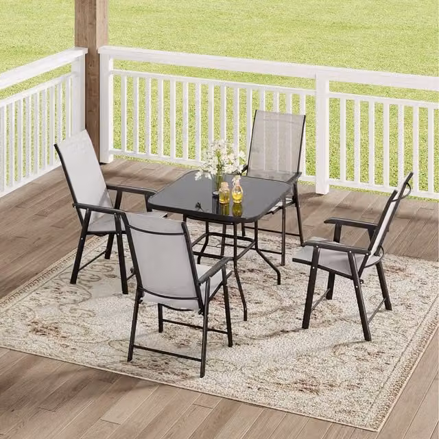 Komore Black Glossy Rectangular Garden Table and Four Foldable Chairs Set with Tempered Glass Top