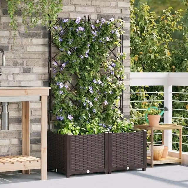 Berkfield Home Garden Planter with Trellis, 2 Pieces, Brown, W/D/H: 80 x 40 x 143 cm