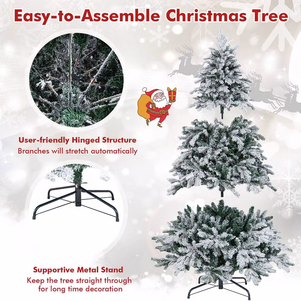 Gymax 6 FT Pre-Lit Flocked Christmas Tree in Green with 1415 Branch Tips and 260 Lights – 6
